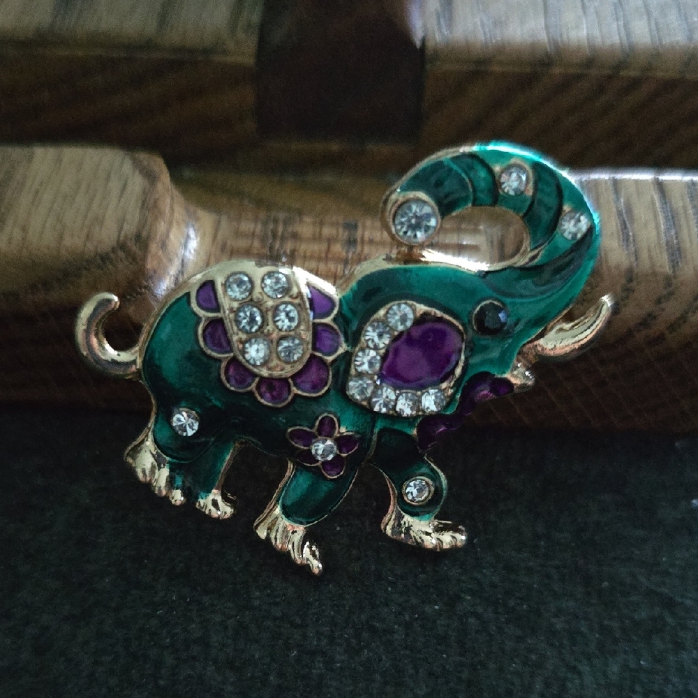Green and Purple Elephant Brooch Pin with Crystals